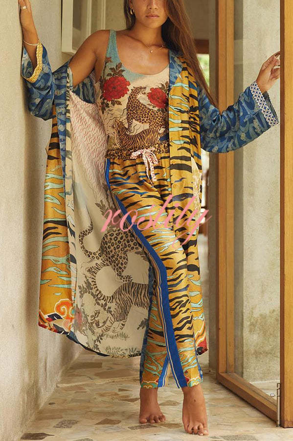 Tropical Jungle Tiger Unique Print  Long Sleeve Belt Pocketed Kimono Coat