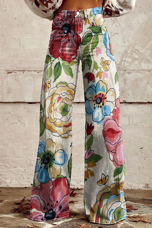 Casual Floral Print Button Pocket Wide Leg Pants