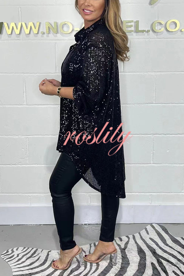 Party Season Solid Color Sequin Button Long Sleeve High Low Shirt