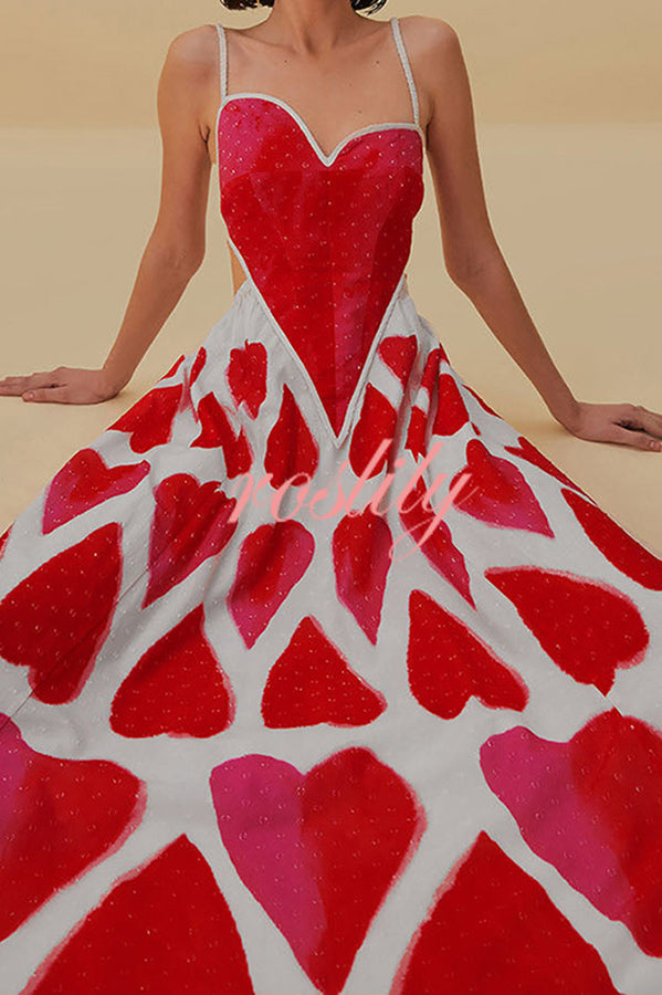 Full of Love Heart Shape Print Cutout Spaghetti Strap Backless Maxi Dress