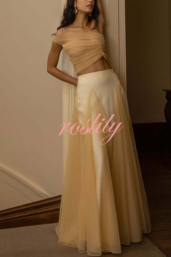 Romance Factor Satin Patchwork Tulle High Rise Elastic Waist A-line Maxi Skirt