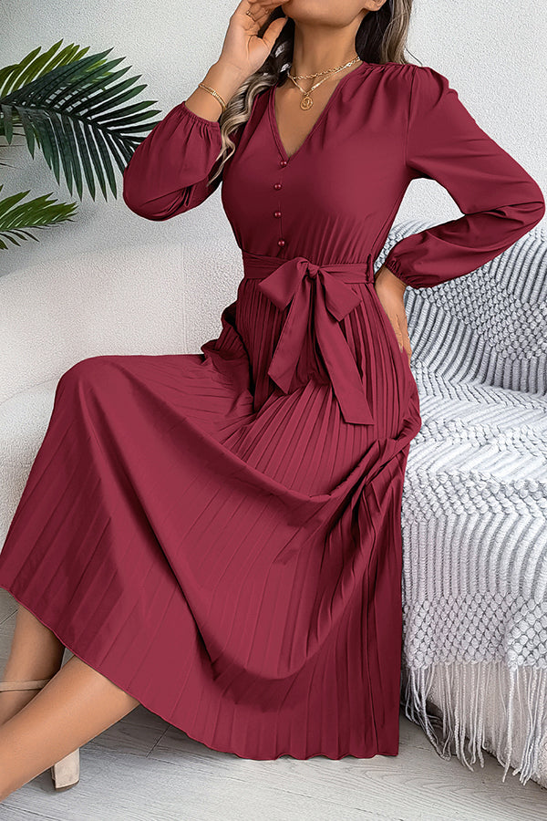 Solid Color Elegant V-neck Buttoned Lace-up Pleated Maxi Dress