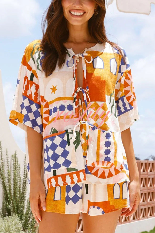 Unique Print Short Sleeve Loose Pocket Tie Shirt and Elastic Waist Shorts Set