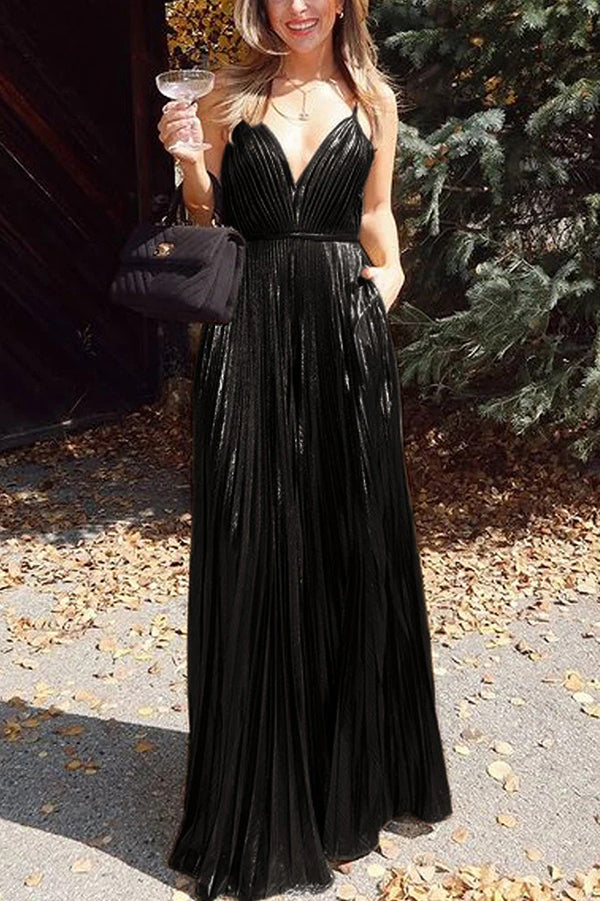 Disco Fashion Metallic Fabric Pleated Pocket Slip Wide Leg Jumpsuit