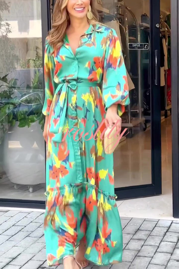 Multicolor Printed Lapel Balloon Sleeves Tie-waist Maxi Dress