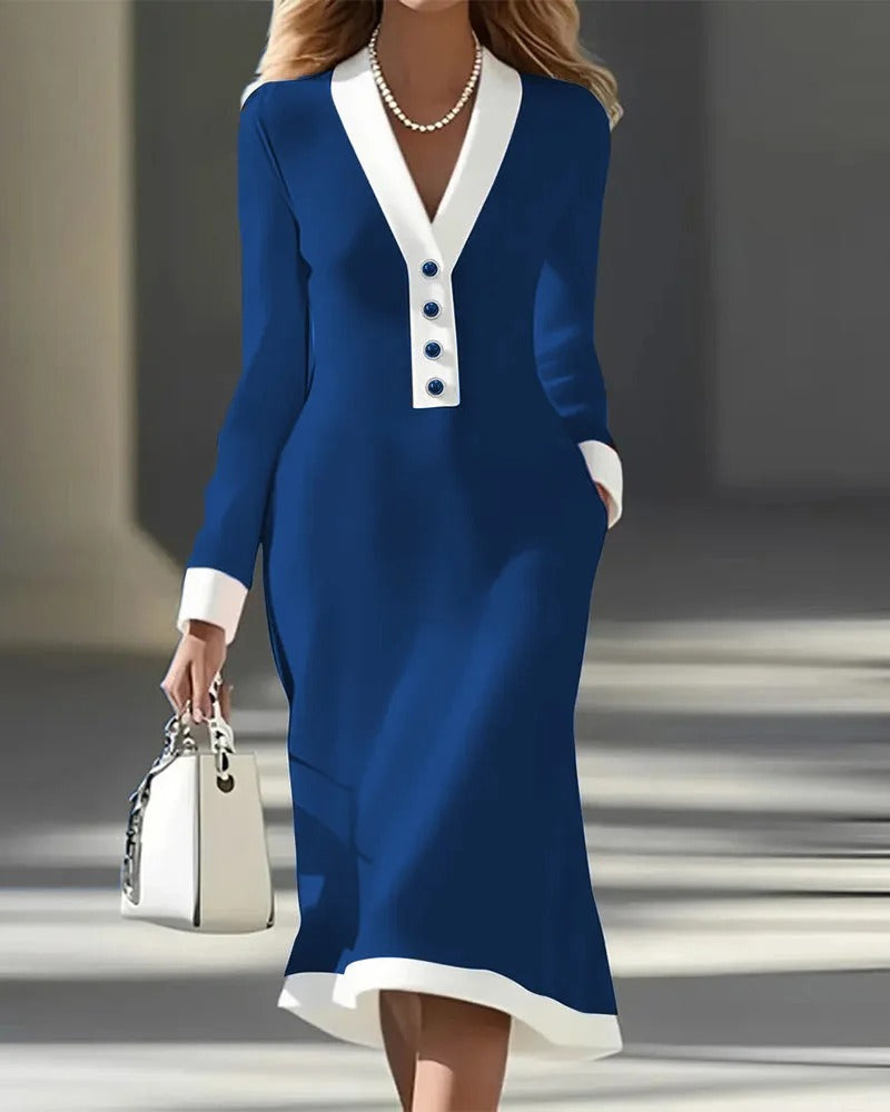 Elegant Contrast V-Neck Long Sleeve Midi Dress