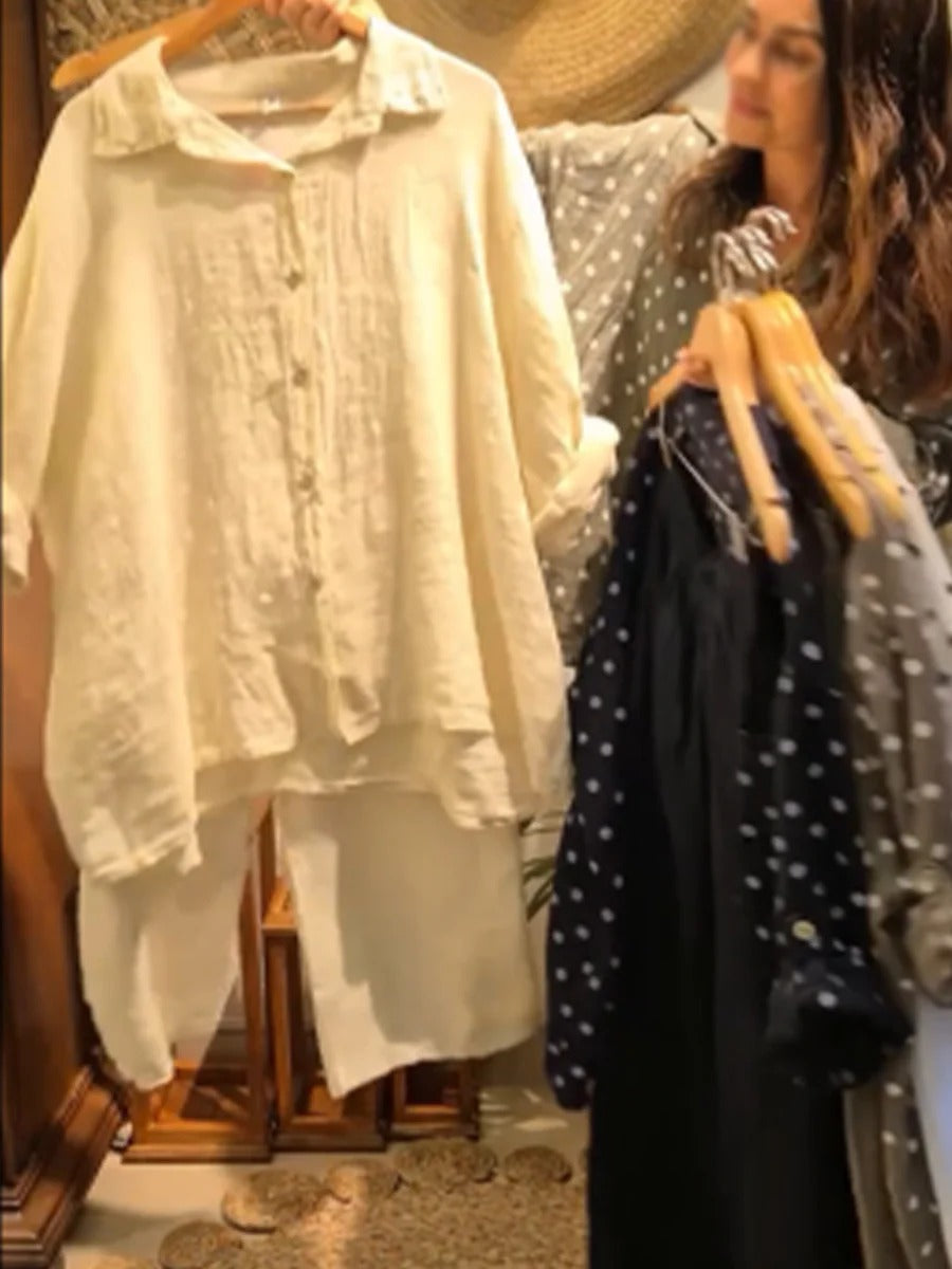 Polka Dot Linen And Cotton Shirt And Trousers Two-piece Set