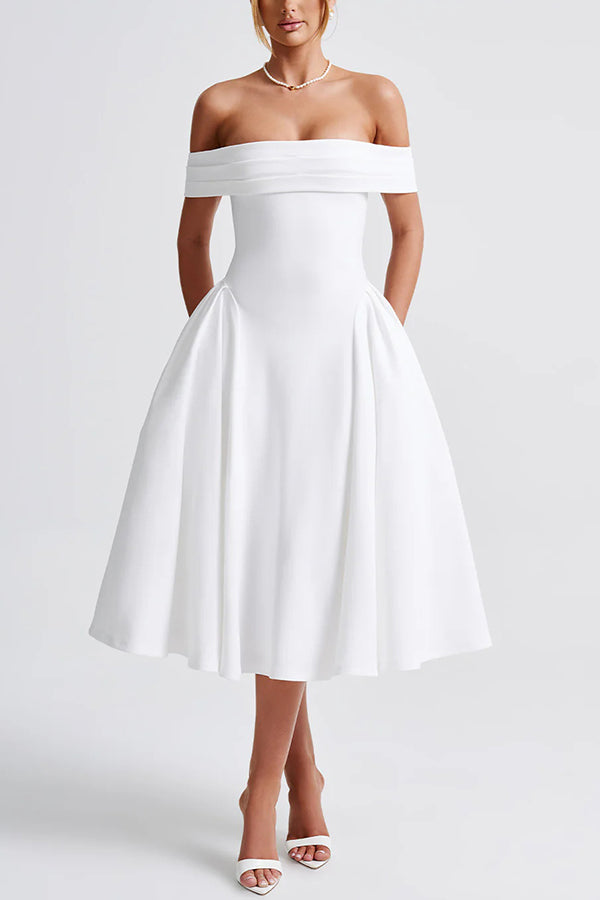 Princess Temperament Batdot Neck Pleat Detail Midi Dress