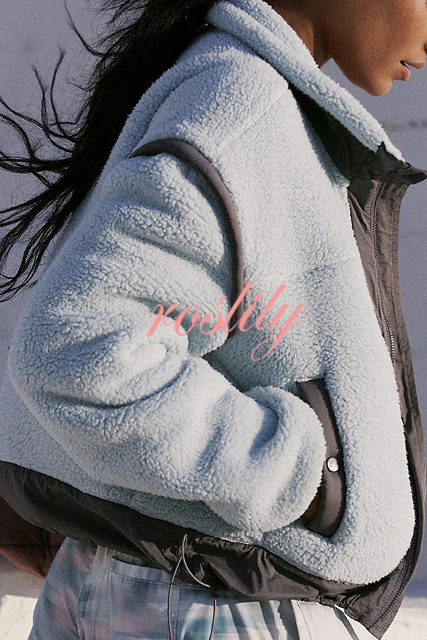 Stylish Patchwork Stand Collar Sherpa Zipper Jacket