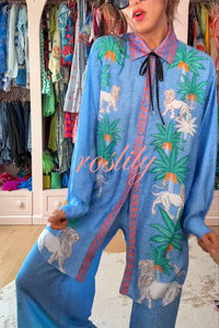 Sunday Breeze Satin Unique Print Button Down Oversized Blouse