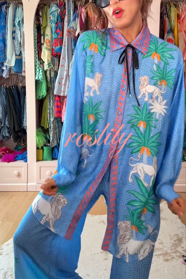 Sunday Breeze Satin Unique Print Button Down Oversized Blouse