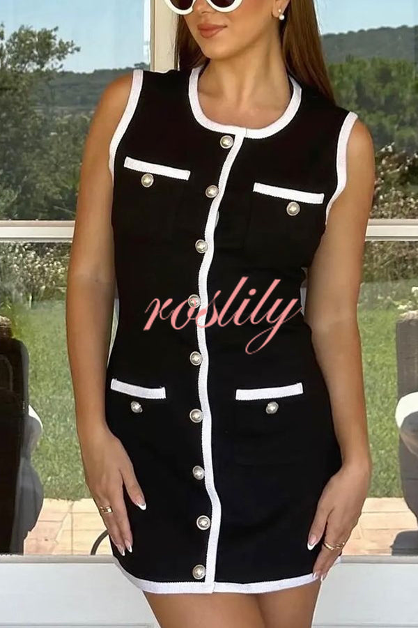 Elegant Sleeveless Round Neck Pearl Button Knitted Mini Dress