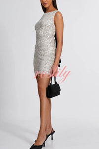 Party Time Starts Sequin Back Velevt Bow Detail Stretch Mini Dress