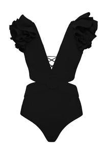 Ruffled V Neck Waist Cutout Solid Hoop Lace Up One Piece Swimsuit