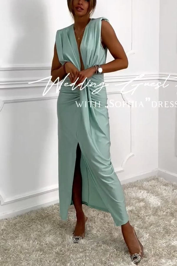 Classic and Sexy Dates V-neck Ruched Drape Slit Midi Dress