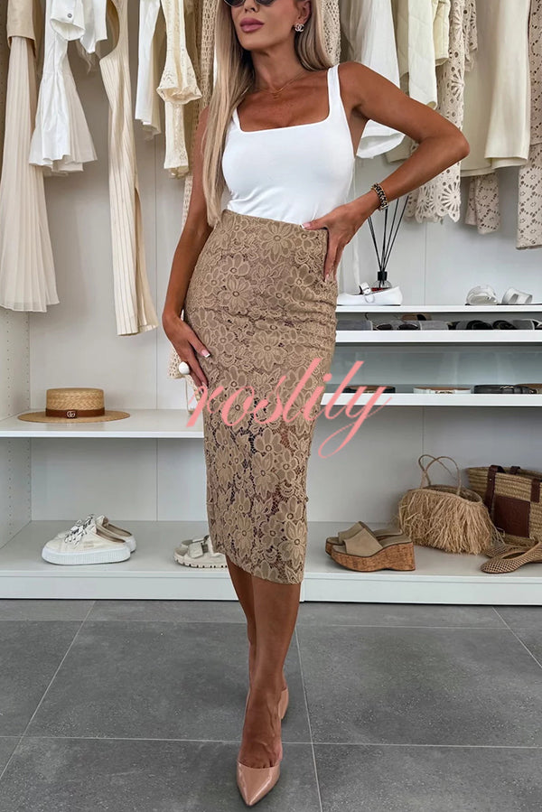 Lesia Floral Lace High Rise Slit Stretch Midi Skirt