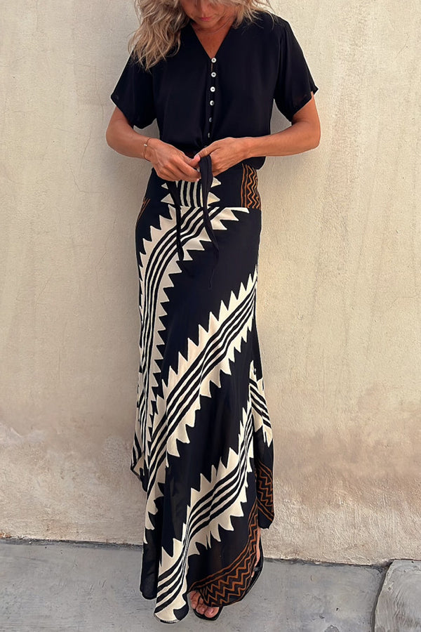 Eva Satin Geometric Print Elastic Waist Maxi Skirt