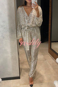 Cheers To You Sequin Long Sleeve Belted Wrap Loose Jumpsuit