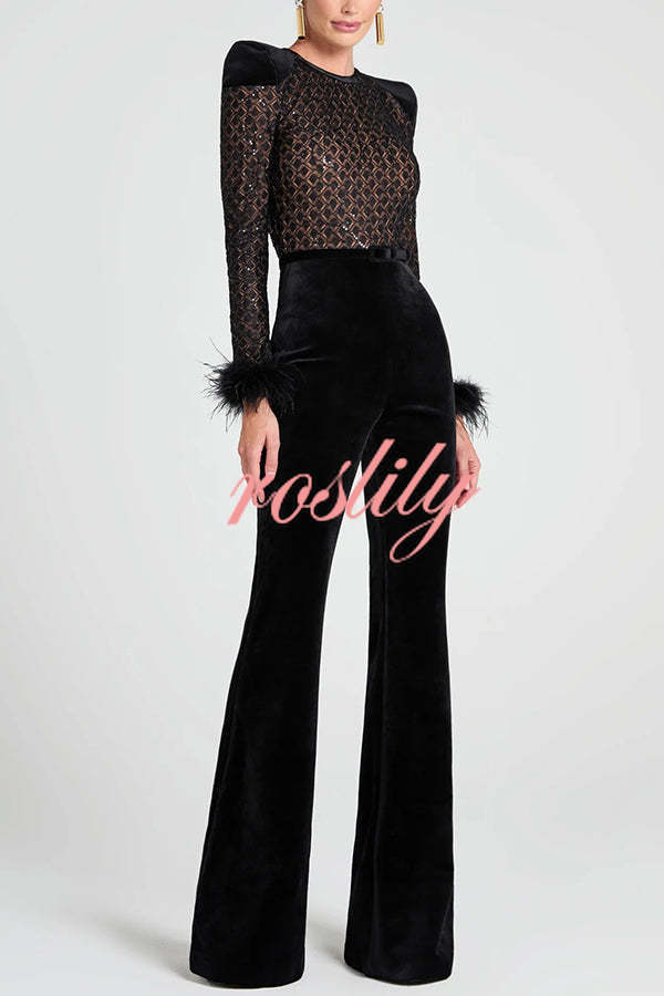 Monique Fish Scale Lace Sequin Velvet Patchwork Feather Trim Belted Stretch Flare Jumpsuit