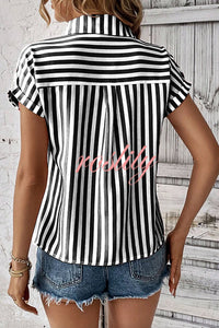 Striped Print Short Sleeve Pocket Shirt Top