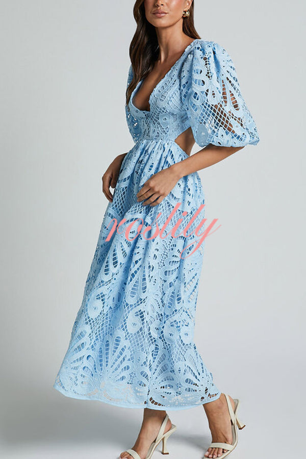 Solid Color V neck Hollow Lace Waistless Sexy Maxi Dress