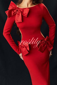 Lovely Bow Cutout Button Back Zipper Long Sleeve Maxi Dress