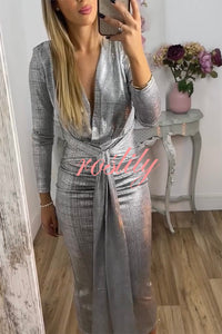 Shiny Lady Metallic Fabric Padded Long Sleeve Tie-up Ruched Midi Dress