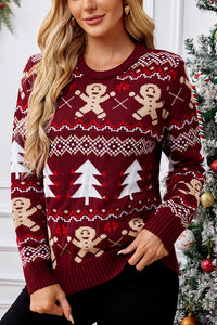 Christmas Gingerbread Man Casual Crew Neck Long Sleeve Sweater