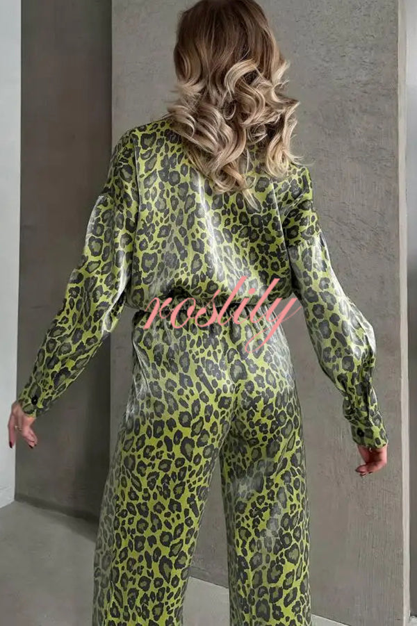 Leopard Print Long-sleeved Casual Top and Loose Elastic Waist Tie Pants Set