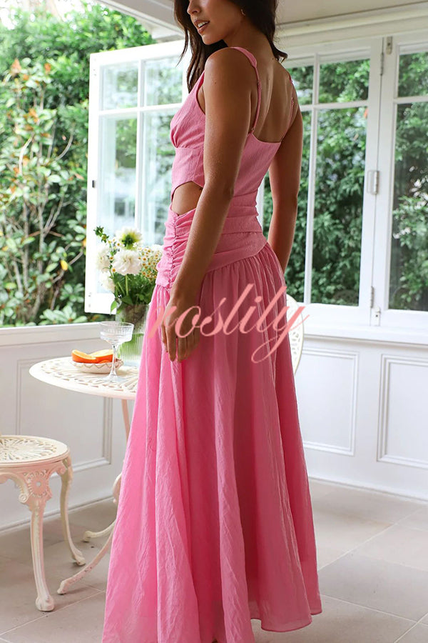 Solid Color V-neck Waist Hollow Slim Maxi Dress