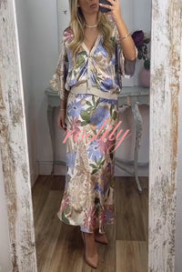 Satin Floral Print V-neck Half-sleeve Loose Top and Elegant Maxi Skirt Set