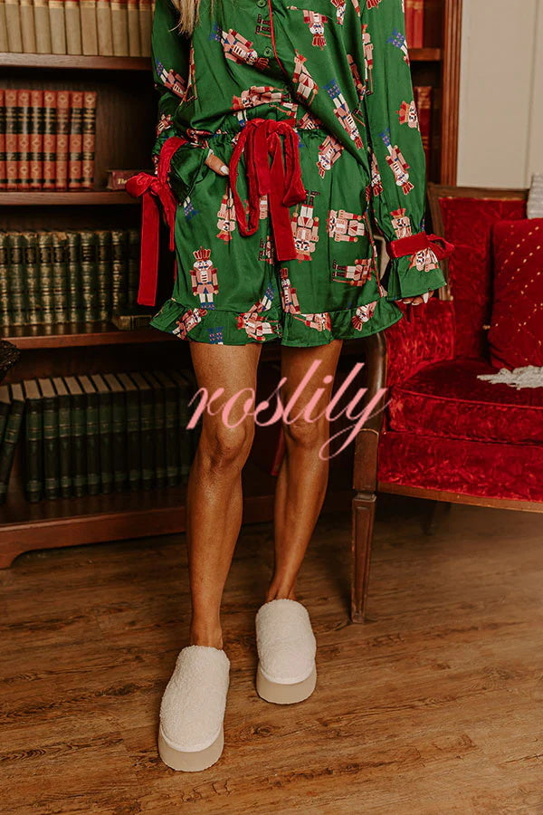 Christmas Dreaming Satin Nutcrackers Print Velvet Trim Elastic Waist Pocketed Pajama Shorts Set