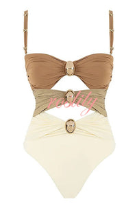 Color Block Patchwork Hollow Metal Decorative Stretch One-piece Swimsuit