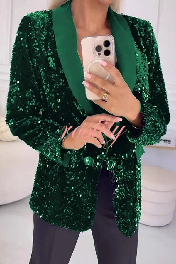 Fashion Sequin Lapel Long Sleeve Casual Blazer