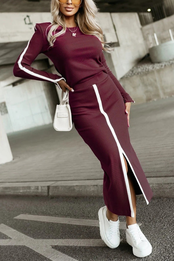 Stylish Paneled Long Sleeve Crew Neck Top and Elastic Waist Slit Midi Skirt Set