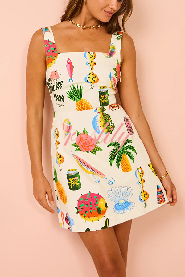 Summer Colorful Fruit Unique Print Tie-back Mini Dress