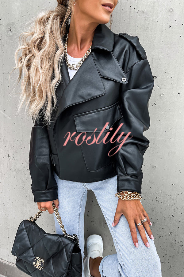 Stylish Leather Lapel Pocket British Style Cropped Jacket