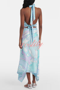 Satin Unique Print Halter Top and Irregular Midi Skirt Set