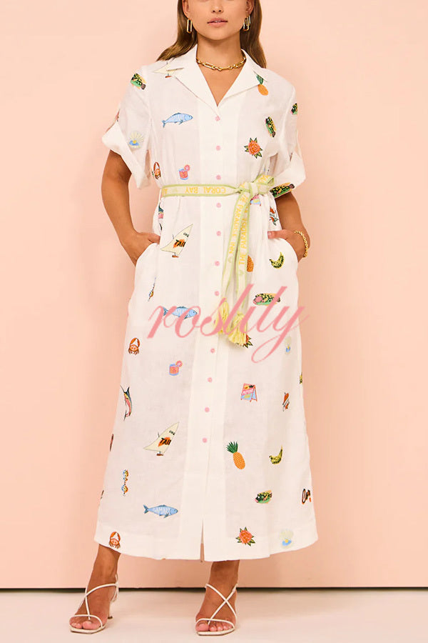 Loretta Cotton Blend Unique Print Fringed Belt Pocketed Shirt Midi Dress