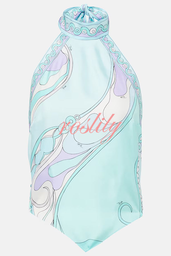 Satin Unique Print Halter Top and Irregular Midi Skirt Set