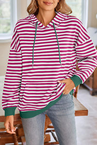 Striped Print Long Sleeve Pocket Loose Hoodie