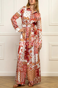 Bohemian Style Unique Printed Shirt Waist Tie Maxi Dress