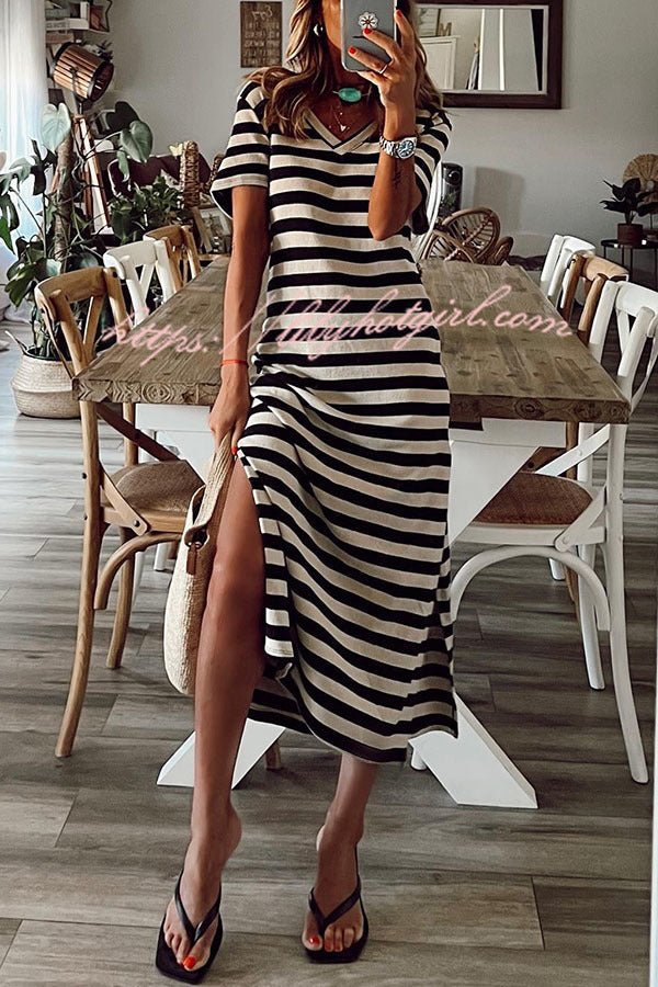 Brilliant Basics Stripe V Neck Casual Midi Dress