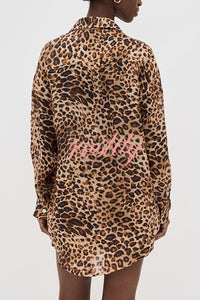Trisha Linen Blend Leopard Print Long Sleeve Blouse and Elastic Waist Pocket Loose Shorts Set