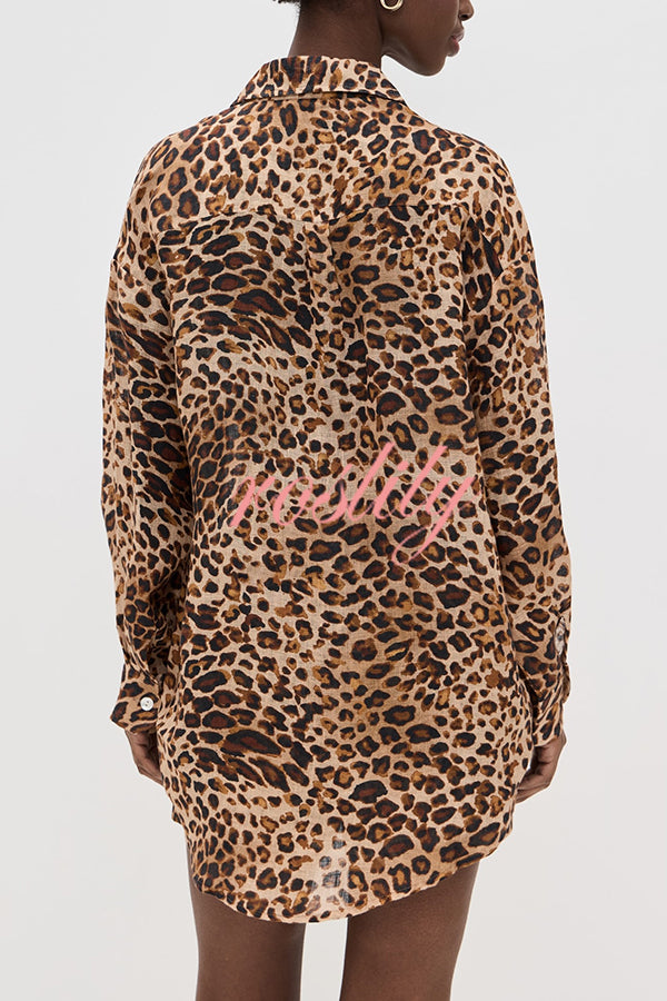 Trisha Linen Blend Leopard Print Long Sleeve Blouse and Elastic Waist Pocket Loose Shorts Set