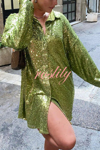 Solid Color Sequined Long-sleeved Casual Mid-length Loose Shirt