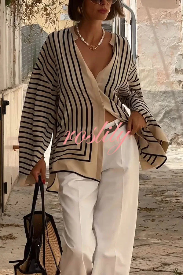 Comfortable and Effortless Striped Long Slit Sleeve Button Relaxed Loose Blouse