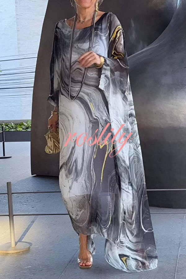 Unique Printed Crew Neck Loose Resort Style Maxi Dress