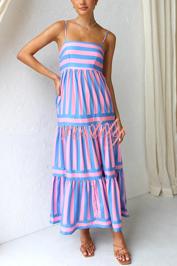 Beachy Dreams Striped Print Back Smocked Pocket A-line Slip Midi Dress