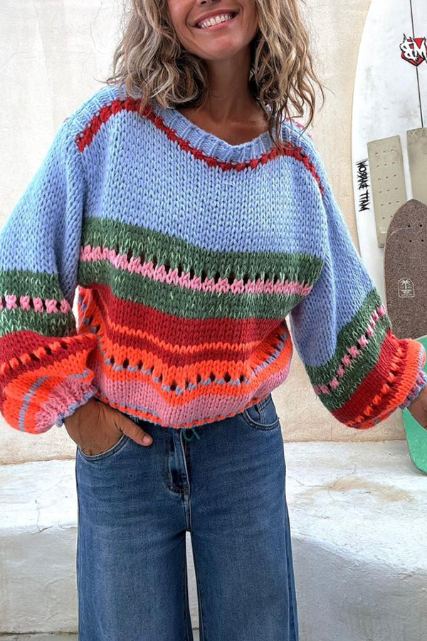 Rainbow Mood Multicolor Round Neck Hollow Long Sleeve Knitted Sweater